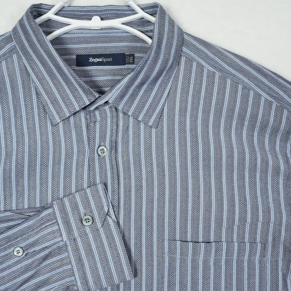 Zegna Sport Mens Size 2XL XXL Grey Blue Striped Button Down Shirt Long Sleeve